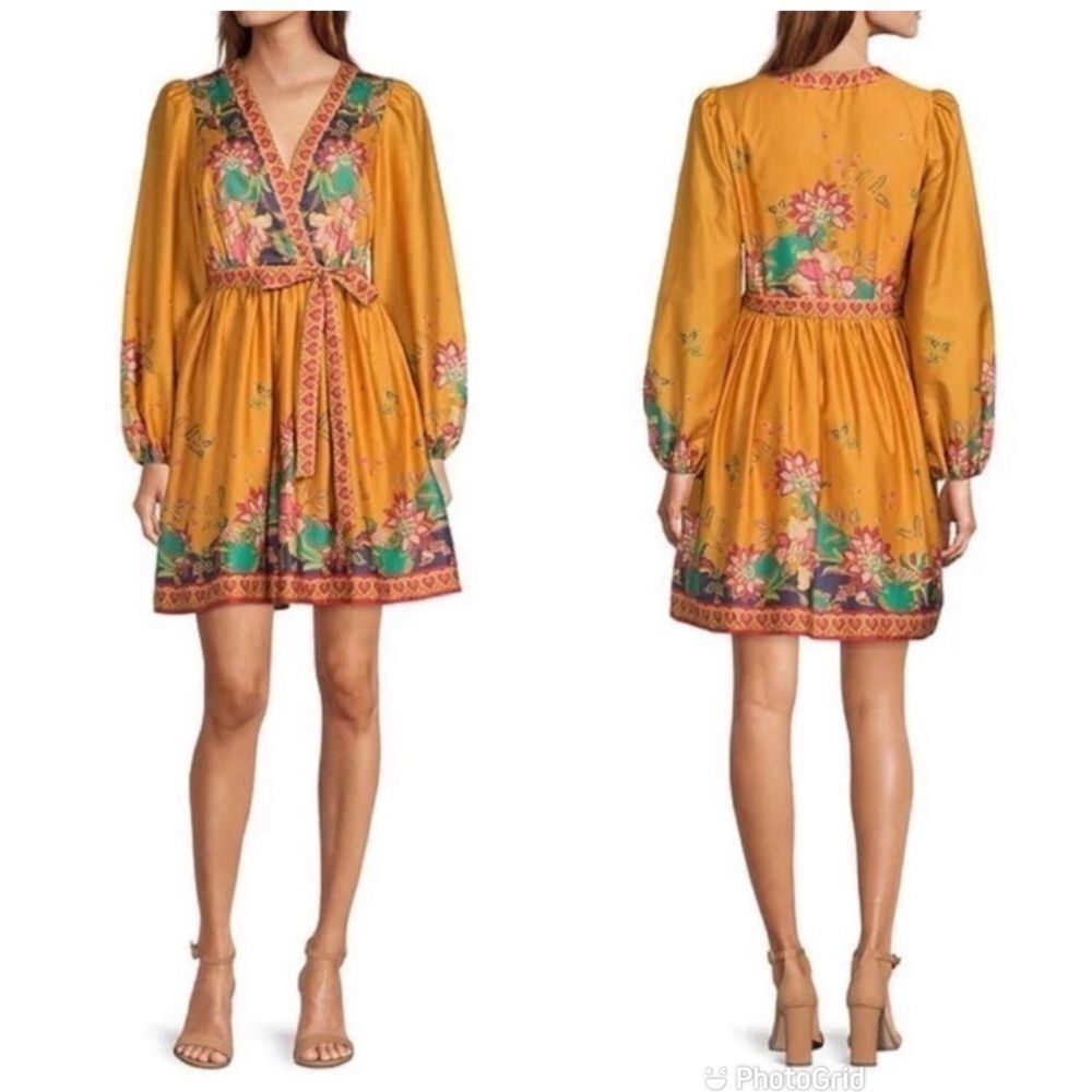 ANTONIO MELANI Emma Boho Paisley Mini Dress Long Sleeve Yellow Size 0 8 New